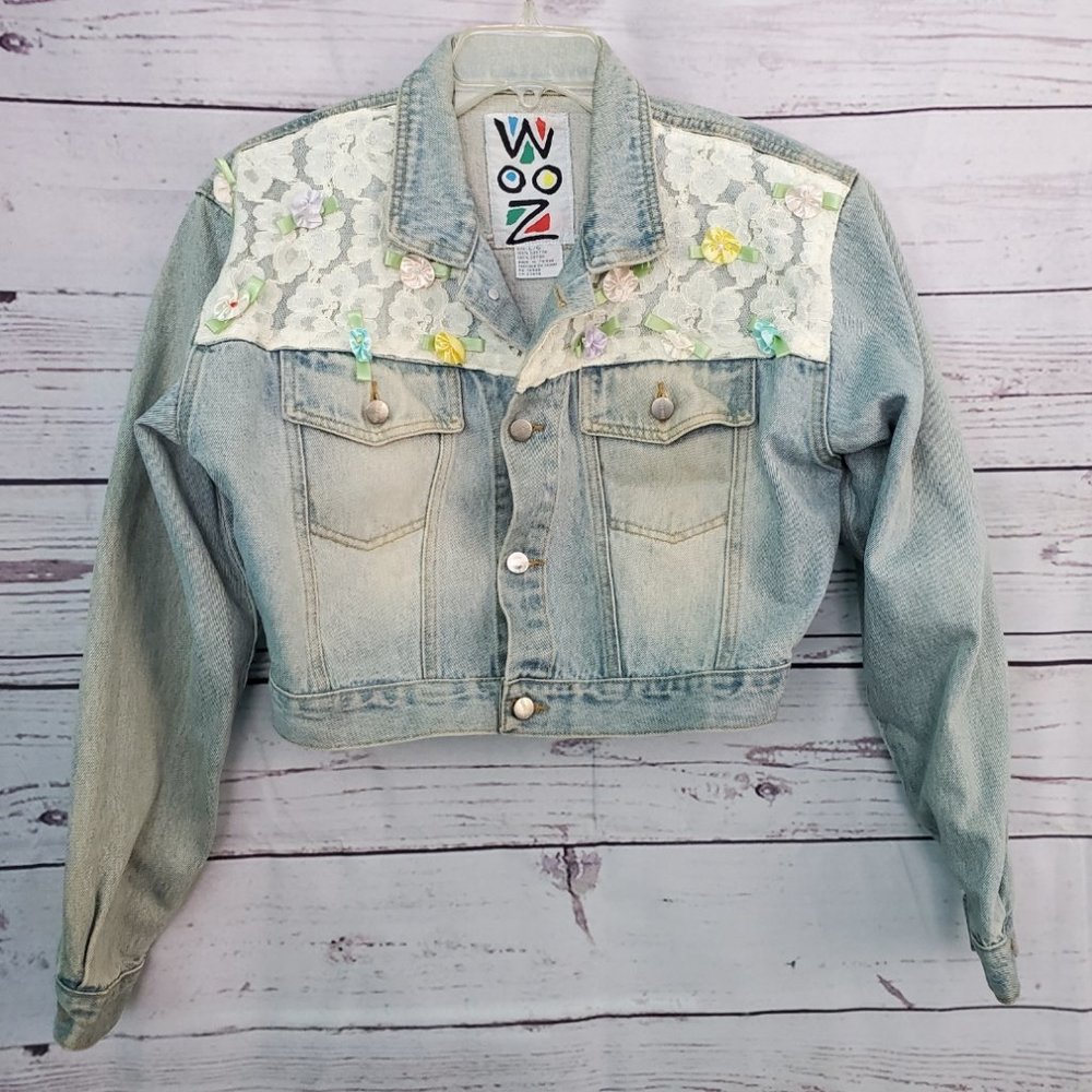 Vintage Wooz Crop Lace Floral Denim Jacket LG